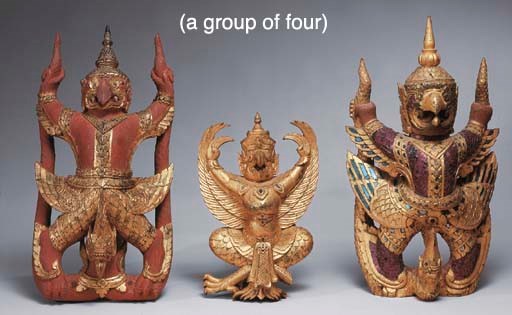 Four Thai Carved Gilt and Polychromed-Wood Figures of Garuda