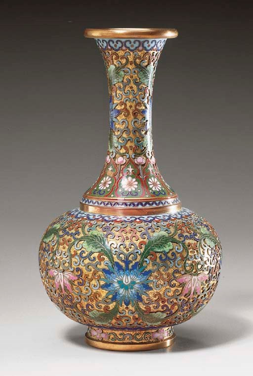 A CHINESE CHAMPLEVE ENAMEL BOTTLE VASE