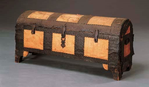 A SPANISH RED VELVET AND IRON-MOUNTED COFFER