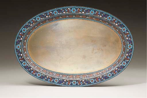 A RUSSIAN SILVER-GILT AND CLOISONNÉ ENAMEL OVAL TRAY