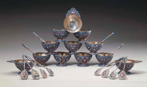 TWELVE RUSSIAN SILVER-GILT CLOISONNÉ ENAMEL CHARKI AND FOURTEEN SPOONS