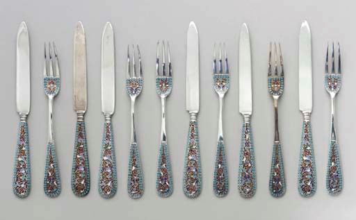 SIX RUSSIAN SILVER-GILT CLOISONNÉ ENAMEL FRUIT KNIVES AND SIX FRUIT FORKS
