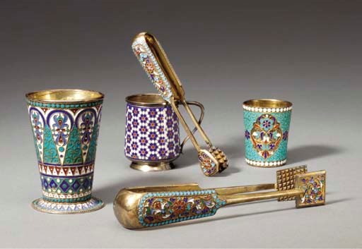 A SMALL RUSSIAN SILVER-GILT CLOISONNÉ ENAMEL CUP, A STYLIZED BEAKER, A MEASURE AND A PAIR OF TONGS