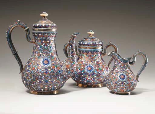 A RUSSIAN SILVER-GILT CLOISONNÉ ENAMEL TEA SET