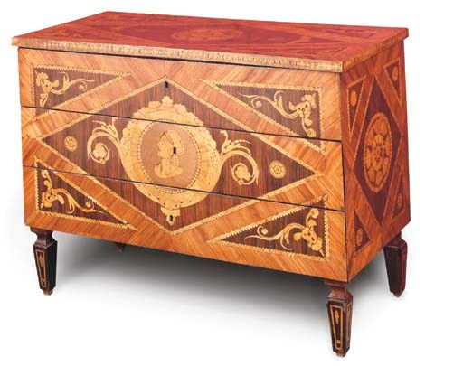 A NORTH ITALIAN KINGWOOD, TULIPWOOD AND MARQUETRY COMMODE