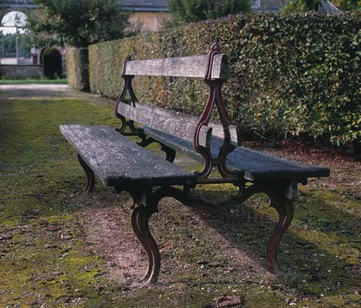 A PINE AND METAL DOUBLE-SIDED GARDEN SEAT
