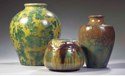 (3)  AN IRIDESCENT GLAZED GRES POTTERY VASE