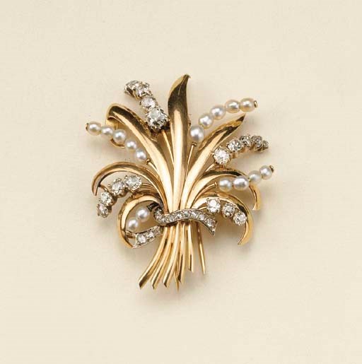 Spilla in oro bicolore con brillanti e perle coltivate
