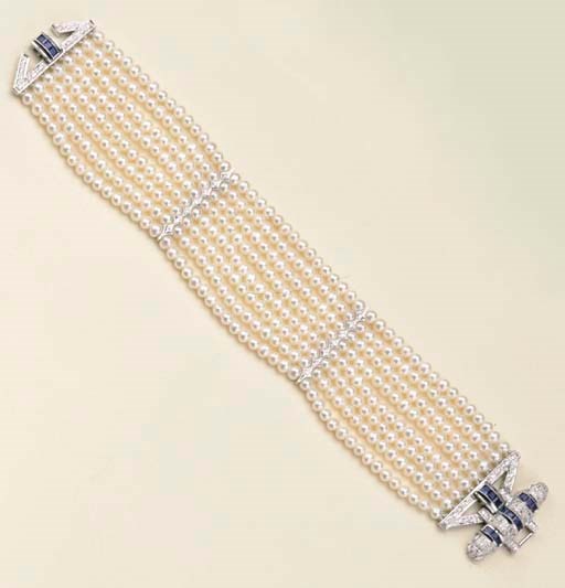 Bracciale in perle coltivate, brillanti e zaffiri