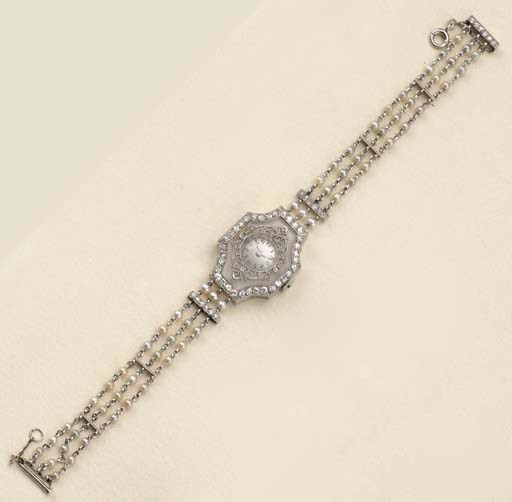 Orologio art déco in platino, cristallo di rocca, perline e brillanti, Vacheron & Constantin