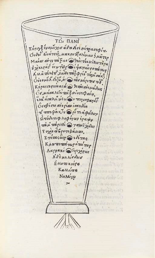 THEOCRITUS (c.310 - c.250 B.C.). Eclogae triginta, in Greek - Sententiae septem sapientum, in Greek - THEOGNIS. Sententiae elegiacae, in Greek. - PYTHAGORAS (attributed to). Aurea Carmina, in Greek. - HESIOD (c. 7th century B.C.), Theogonia. And other works in Greek. Edited by Aldus Manutius and Franciscus Roscius. Venice: Aldus Manutius, February 1495/96.