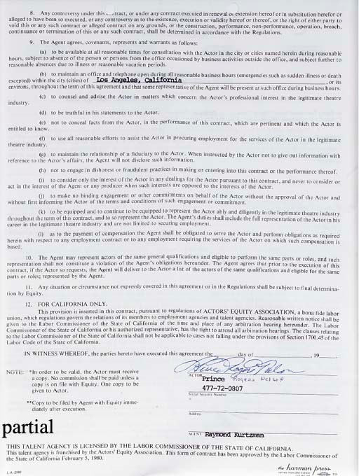 PRINCE SIGNED CONTRACT, NOTE AND ARTWORK
