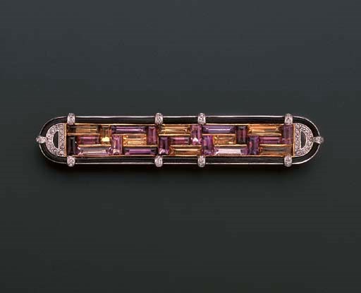 AN ART DECO DIAMOND AND GEM-SET BAR BROOCH, BY CARTIER