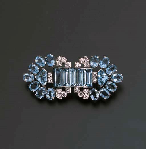 AN AQUAMARINE AND DIAMOND BROOCH, BY CARTIER