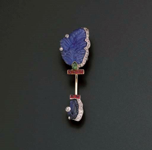 AN ART DECO GEM-SET JABOT PIN, BY CARTIER