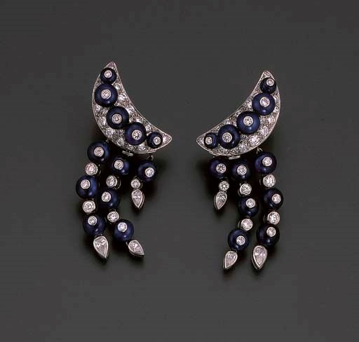 A PAIR OF SAPPHIRE AND DIAMOND EARCLIPS, BY CARTIER