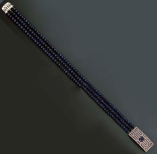 AN ART DECO SAPPHIRE BEAD AND DIAMOND NECKLACE, BY CARTIER
