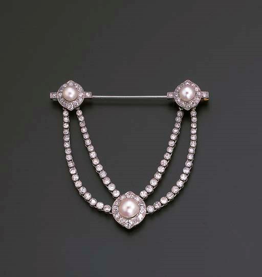 A BELLE EPOQUE PEARL AND DIAMOND BROOCH, BY CARTIER