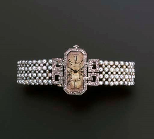 A LADY'S ART DECO DIAMOND AND PEARL WRISTWATCH, BY CARTIER