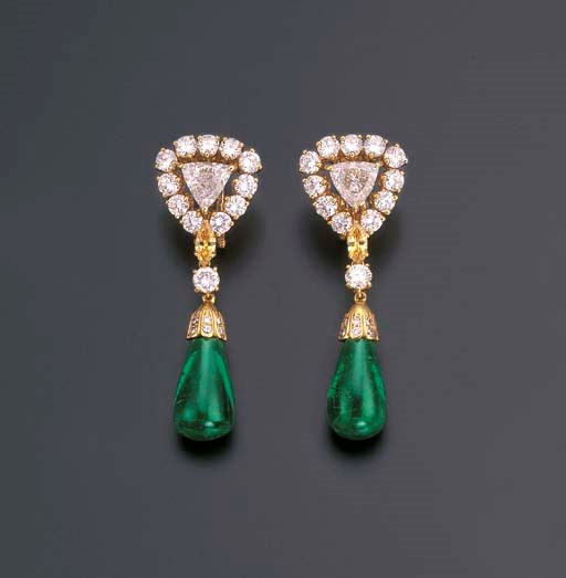 A PAIR OF FINE EMERALD AND DIAMOND EARRINGS, BY CARTIER