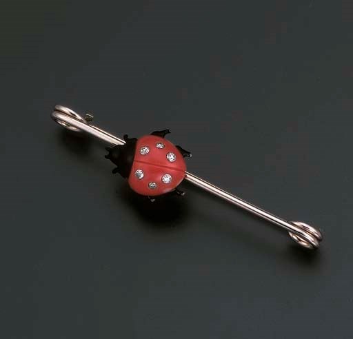 A CORAL AND DIAMOND LADYBIRD BROOCH, BY CARTIER