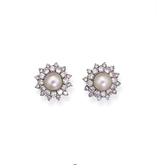 A PAIR OF CULTURED PEARL AND DIAMOND EARRINGS