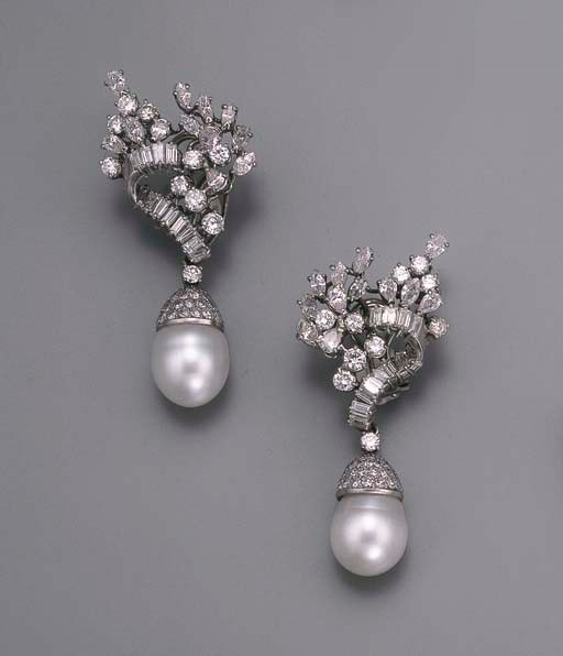 A PAIR OF CULTURED PEARL AND DIAMOND EARRINGS