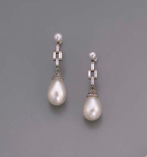 A PAIR OF ART DECO PEARL AND DIAMOND EARRINGS
