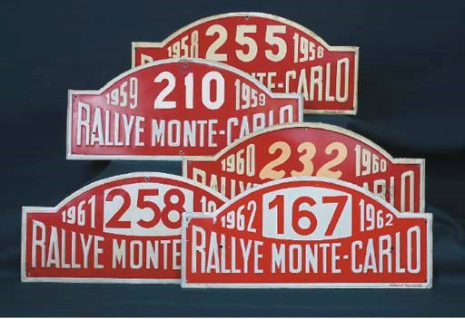 Monte Carlo Rallye - 1958-1962; a group of five consecutive rally-plates for car numbered 255, 210, 232, 258, & 167 respectively;  formerly from a British entrant believed driving Volvo cars. (5)	 (5)