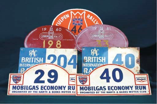 A group of European Rally car number plates 1950s-1960s for various events including 'Mobilgas Economy Run' undated, numbered 29, 32, & 40 respectively; together with Tulip Rallye 1963 car no. 46; London Motor Club - London Rally 1960 & 1961 nos. 198 & 33 respectively; and with RAC British Rally nos. 40 & 204 and RAC International Rally nos. 40 & 78;  formerly from British private entrant believed driving Volvo cars.  (10)	 (10)