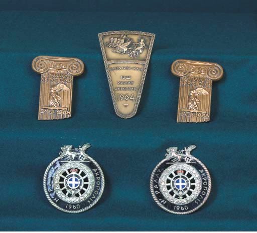 Acropolis Rally A group of competitors finishing-award badges including 1960 (x2), 1964 & 1968 (x2). 	 (5)