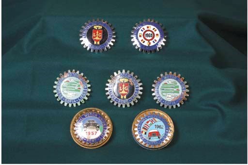 Liege-Rome-Liege & Liege-Sofia-Liege- Royal Motor Union; A group of competitors finishing-award badges for the events including 1957 (original box), 1959 (x2), 1960 (original box), 1962, & 1963 (x2); various conditions. 	 (7)