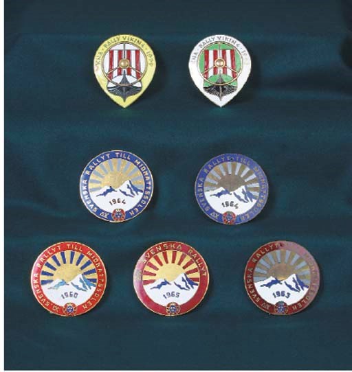 Royal Swedish Car Club - Rally of the Midnight Sun; a group of competitors finishing-award badges including 1960, 1963, 1964, (x2) & 1965; together with KNA - Viking Rally, finishers award badges for 1958 & 1960. 	 (7)