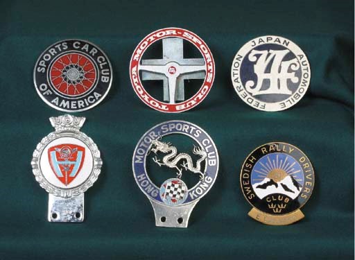 A group of Motor Club car badges including Sports Car Club of America, Toyota Motor Sports Club, Hong Kong Motor Sports Club, Federation of Japanese Automobiles, Swedish Rally Drivers Club (inscribed Erik Carlsson); together with two others. 	 (7)