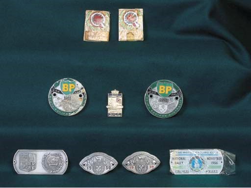 A group of Rally Award badges & plaques including BP Rally South Eastern Australia 1965 (x2), RAC Rally of Great Britain 1955, Circuit of Ireland Rally 1958 & 1959 (x2), London Motor Club Rally 1957, MCC National Rally 1956, & NCC National Rally enamelled plaques inscribed 'Morris' & 'MG'  Miss Pat Moss Ladies Award respectively, c 1956 &1958, two in original wrapping 	 (9)