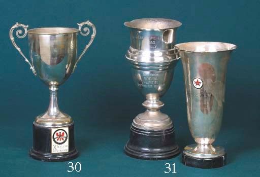 Rallye de Sestriere Xe - A large two-handled silver-plated trophy cup, having applied enamel silver badge to front inscribed 'Automobile Club di Torino'; undated, mounted upon base plinth. 14ins (36cm) 	 (2)