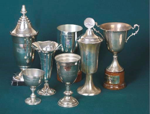 A group of large Motor Sporting trophies for European events; including ADAC Sauerland Bergrpreis 1977; Automobile Club di Biella, two-handled silver-plated trophy cup; Automobile Club SanRremo, pair of trophy vases; Rallye des Fiori; European Rally Championship 1964; 'Mobiloil' Francaise, silver-plated trophy; Chamonix Rallye 1973 etc. 	 (7)