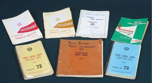Liege-Sofia-Liege;wo rare original rally-route checkpoint books for 1962 & 1963 for cars numbered 72 &73 respectively, both 'DNF'; together with Coupe des Alpes original programme for 1959, signed in ink to cover by Pat Moss; with further programmes for Deutschland Rallye 1959, Tulip Rallye 1959, initialled 'PM' and Tulip Rallye 1960; RAC Rally Control Notes 1960; and also with a most interesting manuscript notebook for stage timings for major International & European Rallies dated 1957-1961, hand-written by Pat Moss & others.