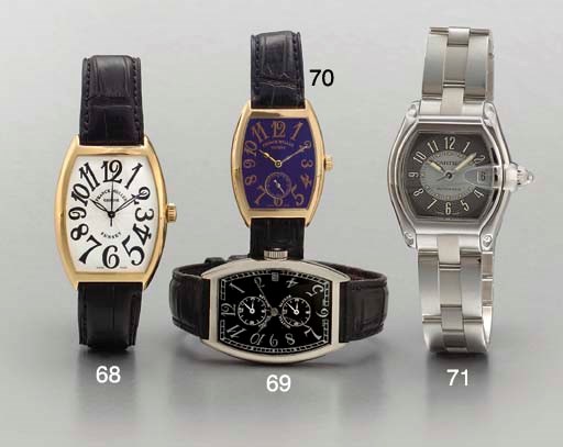 Franck Muller. A fine 18K white gold tonneau-shaped self-winding triple time zone wristwatch with sweep center seconds and date