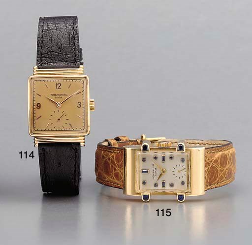 Patek Philippe. A fine and rare 18K pink gold square-shaped wristwatch with unusual ribbed hooded lugs
