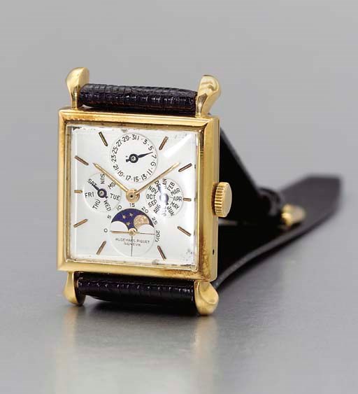 Audemars Piguet. A fine and rare 18K gold full calendar square-shaped wristwatch with phases of the moon and teardrop lugs