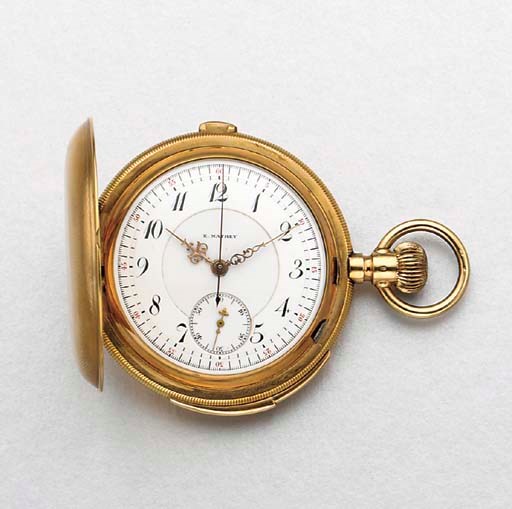 E. Mathey. A 14K gold hunter case minute repeating chronograph keyless lever watch