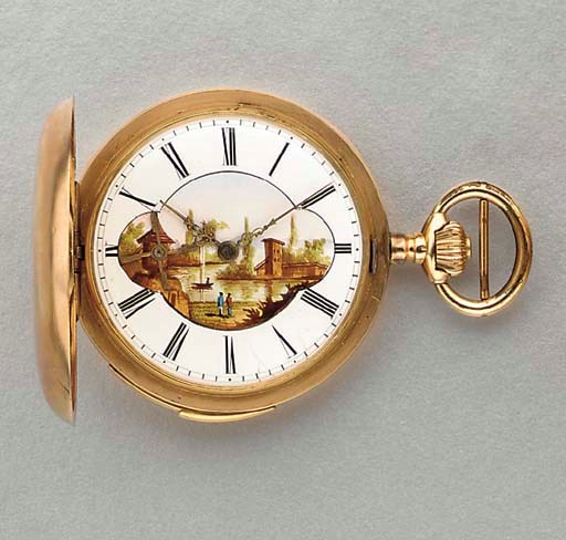 Louis Audemars. A 14K gold hunter case minute repeating keyless lever watch with unusual painted enamal dial and eccentric seconds