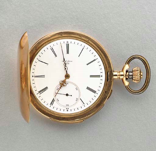Jacot Freres. A 14K gold hunter case minute repeating keyless lever watch