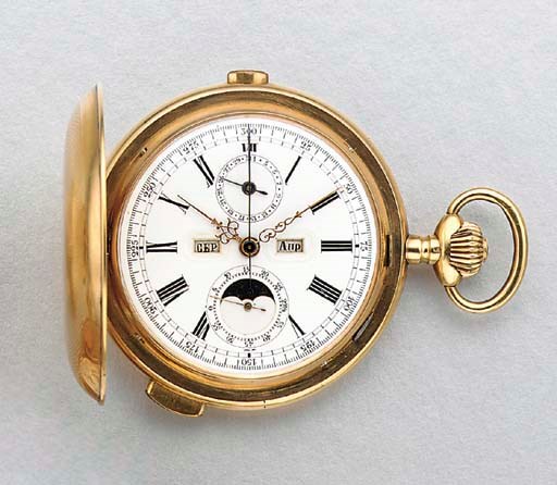 Valdor. A 14K gold hunter case triple calendar minute repeating chronograph keyless lever watch with phases of the moon