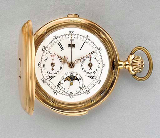 Swiss. A 14K gold hunter case triple calendar minute repeating chronograph keyless lever watch with phases of the moon
