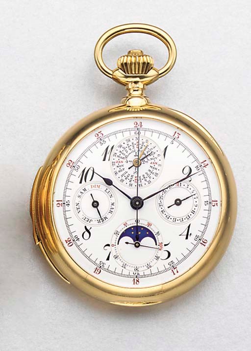Auricoste. A fine 18K gold openface perpetual calendar minute repeating chronograph keyless lever watch with phases of the moon