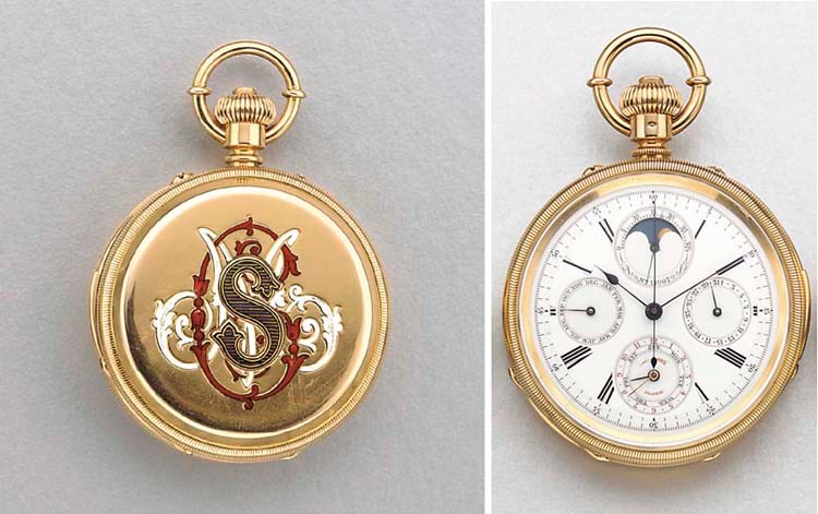 Swiss. A rare and important 18K gold and enamel openface two train perpetual calendar five minute repeating chronograph keyless lever watch with phases of the moon and alarm
