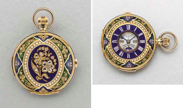 West End Watch Co. A fine 18K gold, enamel, pearl and diamond-set demi-hunter case triple calendar minute repeating chronograph keyless lever watch with phases of the moon