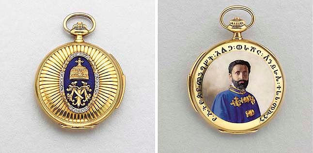 Omega. A fine 18K gold, enamel and diamond-set minute repeating hunter case keyless lever watch with polychrome enamel portrait of Emperor Haile Selassie